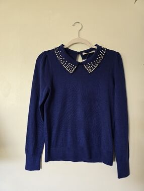 New Loft Collared Blue Knit Sweater Top Size XS womens Rhinestone Detail